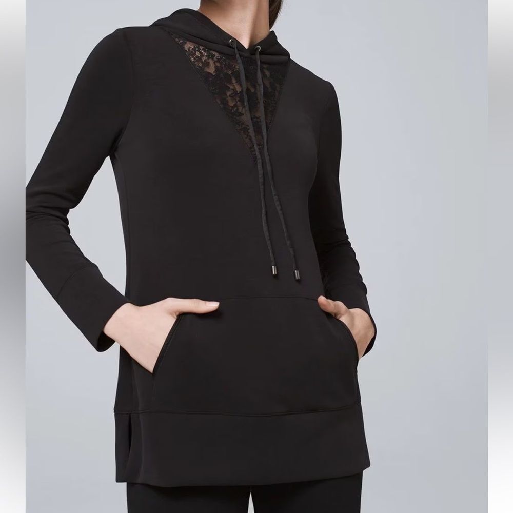 WHBM WKND Lace Inset Tunic Long Sleeve Black Hoodie Size‎ Small